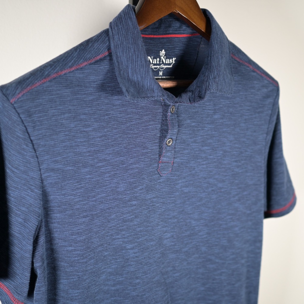 Nat Nast Luxury Originals Mens M Navy Blue Textured Polo Shirt Red Stitching